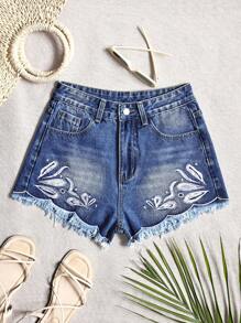 SHEIN Essnce Women's Pocket Patchwork Raw Hem Plant Printed Casual Denim Shorts - Blue - View 1