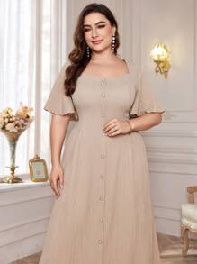 Modelyn Đầm Maxi Cổ Vuông Màu Trơn Đơn Hàng Xếp Ly Tối Giản Size Lớn Cho Nữ - Màu be - Xem 4