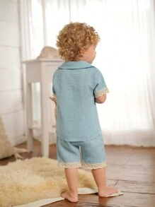 SHEIN Baby Girls' Simple Lake-Blue Short-Sleeved Shorts Casual Two-Piece Homewear Set - Blue - View 2