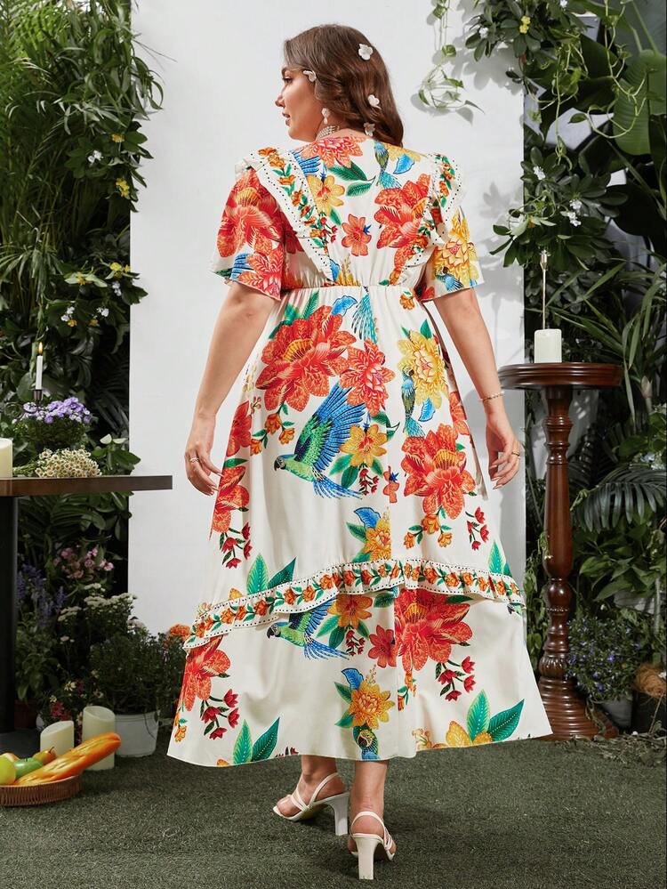 Plus Size Women's Floral Print Deep V-Neck Ruffle Short Sleeve Holiday Dress