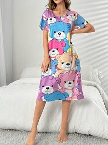 Cute Cartoon Bear Printed Short Sleeve Sleep Dress Pajama Dress For Summer - Multicolor - View 5