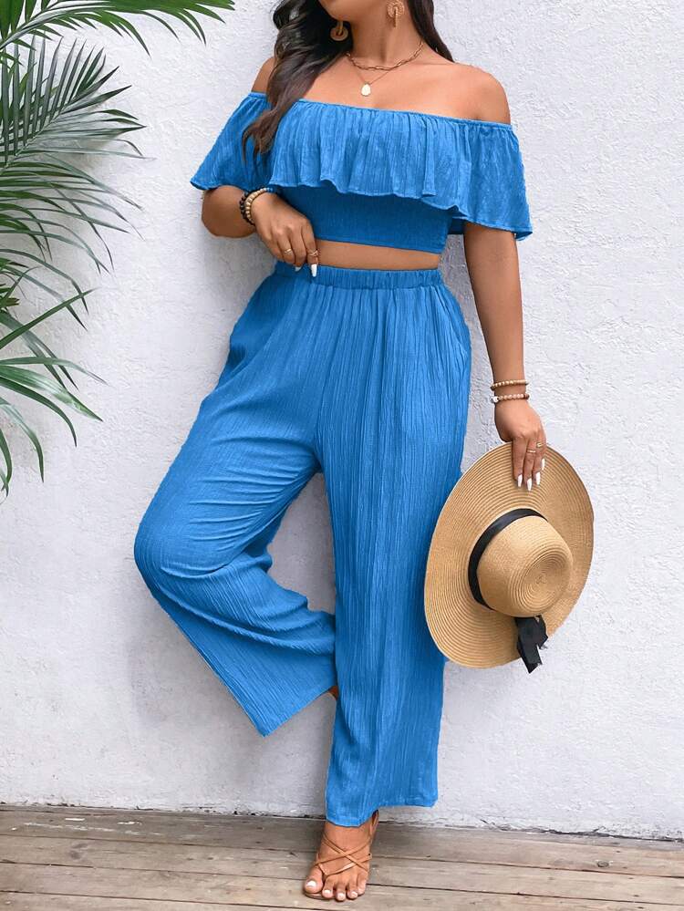 Plus Size Women's Simple Solid Color Daily Tube Top And Pants Set