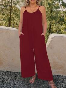 SHEIN LUNE Mono de talla grande de unicolor con bolsillos, peto sin mangas para verano - Burdeos - Ver 4