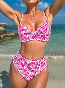 SHEIN Swim Women's Floral Print Sexy Bikini Set For Beach Vacation, Random Print,Summer Beach