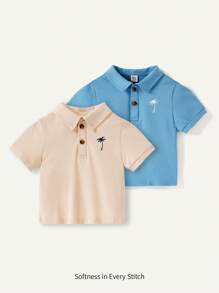 Cozy Pixies Baby Boy 2pcs Casual Palm Tree Print Basic Pullover Polo Tee