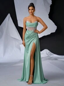 Glamrae 帶束帶和魚骨的優雅浪漫馬甲裙，豪華、性感的網眼插片，高腰設計，緞面側邊飾，美人魚下擺裙，女性正式舞會禮服，適合晚禮、婚禮和假日派對 - 綠色 - 查看 6