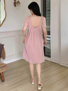 DAZY French Style Sheer Mesh Embroidered Scalloped Edge Deep V-Neck Backless Nightgown