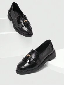 CUCCOO BIZCHIC 女士时尚黑色漆皮流苏平底乐福鞋