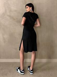 SHEIN Essnce Ladies' Simple Black Short Sleeve Daily Dress Hoodie Summer Clothes Casual Summer Dress - Black - View 3
