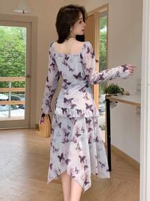 DAZY Vestido Feminino de Manga Longa com Estampa de Borboleta e Bainha com Babados - Multicolorido - Visão 5