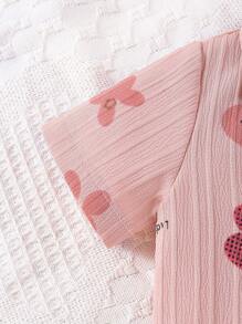 嬰兒女孩荷葉粉兔頭印花長褲連短袖針織衫休閒兩件套裝，家居服裝 - 藕粉色 - 查看 5