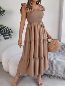 New Solid Color Squared Collar Casual Backless Ruffle Hem Sleeveless Midi Dress, Khaki, Spring/Summer - Khaki - View 6