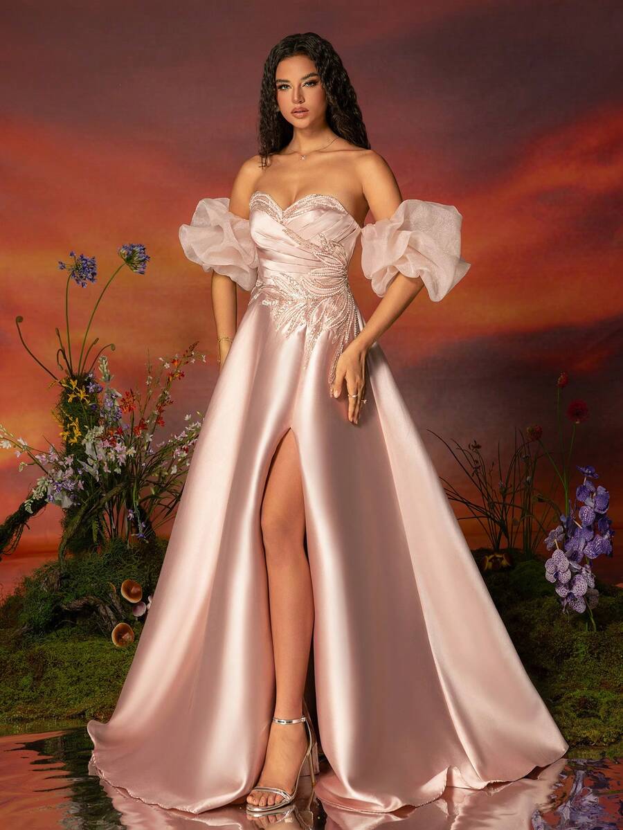 VIPGIRL Váy dạ hội thiết kế tay bồng bằng vải satin vàng hồng, váy dạ hội trang trọng giúp thon gọn và kéo dài chân cho phụ nữ, váy dạ hội trang trọng cho những dịp trang trọng, váy dự tiệc cưới thanh lịch, dự tiệc tốt nghiệp, tiệc tối - Hoa hồng vàng - Xem 1