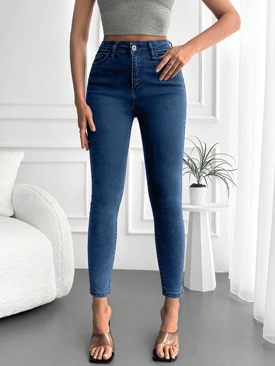 SHEIN Cottnline Solid Color Skinny Jeans - Blue - View 1