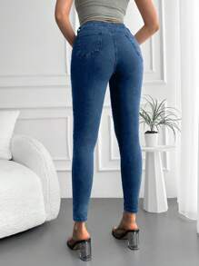 SHEIN Cottnline Solid Color Skinny Jeans - Blue - View 2