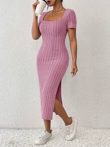 SHEIN Frenchy Vestido feminino de manga curta com decote quadrado de cor sólida, com nervuras e fenda na barra, para o verão - Pink - Visão 4