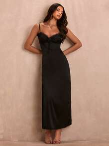 SHEIN BAE Robe longue d'été avec bordure en dentelle noire, nœud devant et fente ouverte - Noir - Voir 4