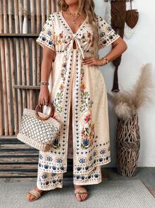 Breezaya Plus Size Women Boho Elegant Vacation Multicolor Retro Twist Cut-Out Plus Size Boho Tee & Wide Leg Palazzo Pants 2 Pieces Set Summer