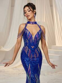 Faeriesty 链条细节亮片吊带美人鱼连衣裙 - 寶藍色 - 查看 5