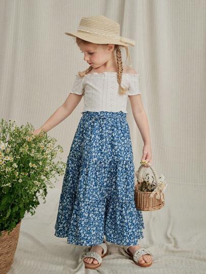 SHEIN Vintaside Kids Young Girl Ditsy Floral Holiday Leisure Skirt