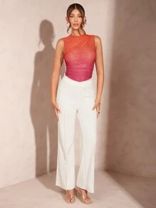 SHEIN BAE 女士一件式緊身衣，夏季服裝，粉橘色漸變色染褶皺網眼設計 - 粉色 - 查看 3