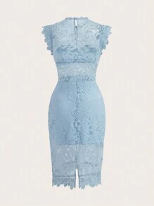 SHEIN Privé 女士單身派對夏季簡約優雅白色蕾絲空心腰帽袖婚禮裙 - 淺藍色 - 查看 7