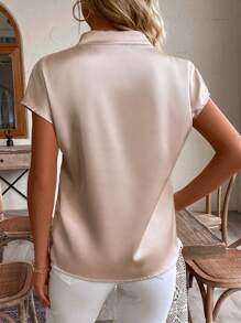 SHEIN LUNE Áo mùa hè nữ Satin cổ chữ V cánh dơi tay ngắn màu trơn thanh lịch - Hồng - Xem 2