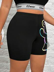 SHEIN EZwear 大码女式休闲卡通熊印花七分紧身裤，夏季 - 黑色 - 查看 2