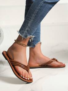 2024年新款女孩海灘拖鞋，帶趾後防滑戶外拖鞋，適用於海灘度假，時尚設計 - 棕色 - 查看 2