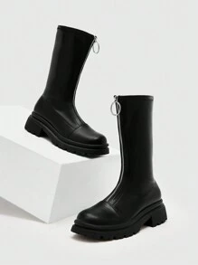 CUCCOO BIZCHIC 女鞋時尚黑色厚底作戰拉鍊前金屬裝飾靴，夏季特價假期鞋