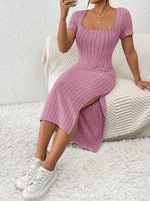 SHEIN Frenchy Vestido feminino de manga curta com decote quadrado de cor sólida, com nervuras e fenda na barra, para o verão - Pink - Visão 5