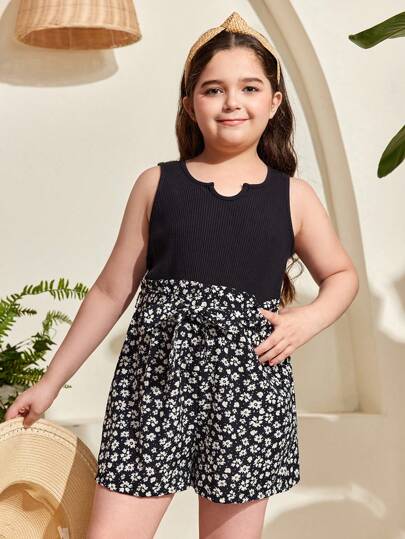 SHEIN Tween Girl Extended Size Commuting & Casual Knitted Solid Color Patchwork Jumpsuit With Ditsy Floral Top, Spring & Summer