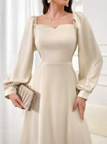 Modelyn Ladies Solid Color Simple Daily Long Sleeve Dress - Apricot - View 4