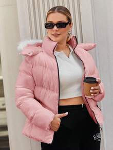 SHEIN Cottnline Plus Size Puffer Coat With Trimmed Hood And Zipper Front - Rusty Rose - View 3