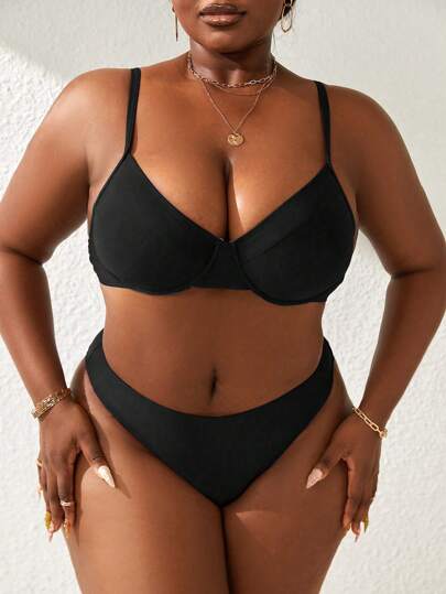 Slaydiva Plus Size Solid Color Bikini Set With Spaghetti Straps And Triangle Bottoms, Summer Beach Pool Two-Piece Bikini Set