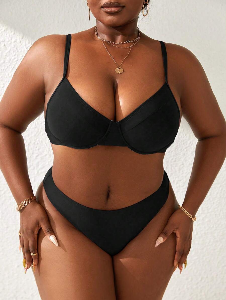 Slaydiva Conjunto de bikini de unicolor con tiras de espagueti y Bottom triangular, conjunto de bikini de dos piezas para playa y piscina de talla grande - Negro - Ver 1