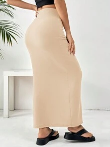 SHEIN EZwear 女士黑色針織貼身膝長裙 - 杏色 - 查看 2