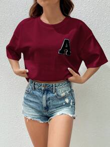 SHEIN EZwear Summer Letter Patched White Drop Shoulder Tee - Rose Red - View 5