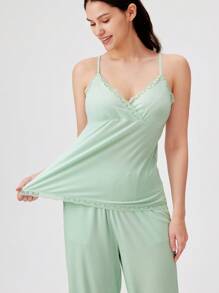 LUVLETTE Wedding Essential Sexy Lace Ribbed Modal Strappy Babydoll Top & Long Airy Women Pajama Set Lingerie As Outerwear