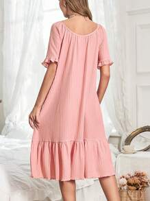 Solid Color Jacquard Loose Ladies Sleep Dress With Ruffle Trim