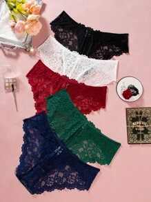 Plus Size Fantasy Elegant Lace Panties Set, 5pcs/Set Lingerie