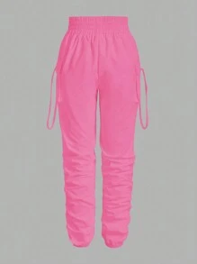 EMERY ROSE Pantalones de carga informales de cintura alta de unicolor con pliegues delanteros y pierna cónica - Rosa Fucsia - Ver 2