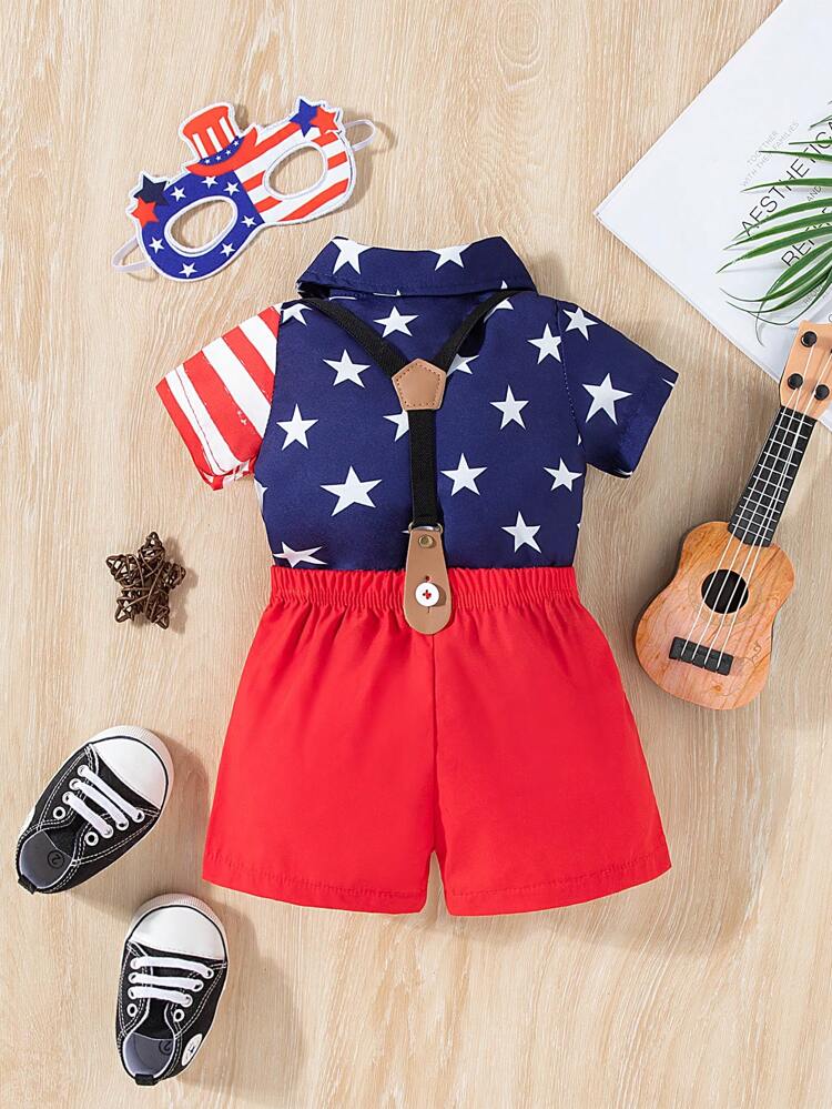 Baby Boys' Stars And Stripes Printed Overalls Shirt Eye Mask Set, Summer 2024 New Fashion, Comfortable And Elegant