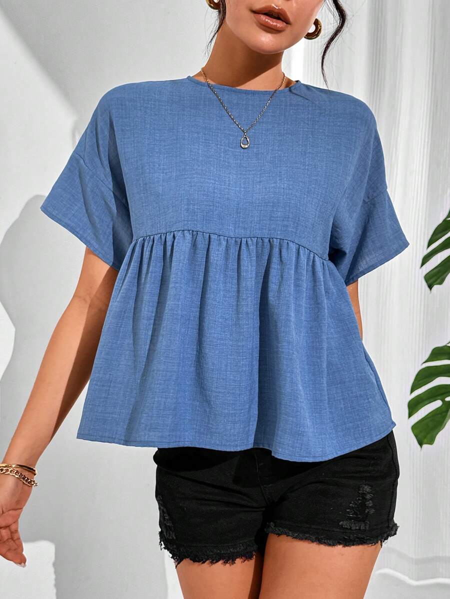 SHEIN Essnce 女式簡約純色短袖襯衫 - 藍色 - 查看 1