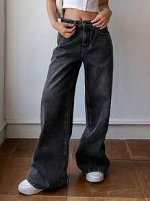 DAZY Women Casual Everyday Denim Wide Leg Pants With Pockets For Travel,Baggy Jeans - Dark Grey - View 5
