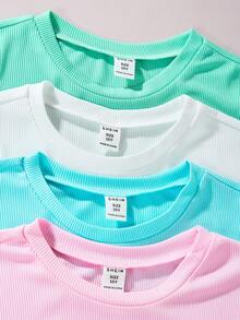 SHEIN 少女4入組夏季純色圓領短袖T恤，配以荷葉邊設計 - 彩色 - 查看 6
