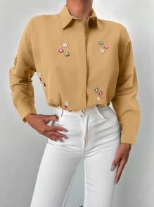 EURMUSE Women'S Beaded Detail Drop Shoulder Sleeve Shirt - Khaki - View 4