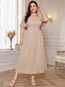 Modelyn Đầm Maxi Cổ Vuông Màu Trơn Đơn Hàng Xếp Ly Tối Giản Size Lớn Cho Nữ - Màu be - Xem 6