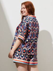 LUVLETTE Bộ đồ ngủ lụa ngắn in họa tiết cổ điển thời trang dành cho nữ Plus - Màu xanh hải quân - Xem 4