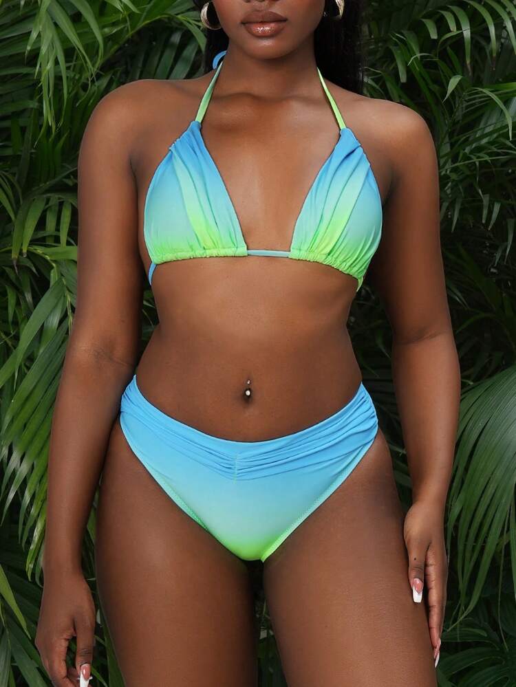 Women's Gradient Color Halter Strap Sexy Bikini Set, Print Pattern, Suitable For Vacation Summer